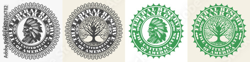 Vector set of fictional US bank seals with branching tree and Native Indian wearing a crown of feathers. Financial symbols. Isolated background.