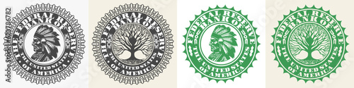 Vector set of fictional US bank seals with branching tree and Native Indian wearing a crown of feathers. Financial symbols. Isolated background.