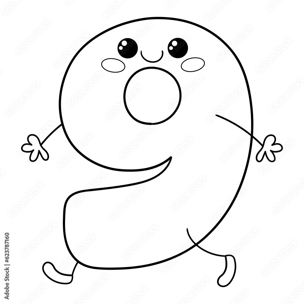 Illustration in black and white of number nine in Kawaii style walking smiling, coloring page, clipart Illustration in black and white of number nine in Kawaii style walking smiling, coloring page, clipart