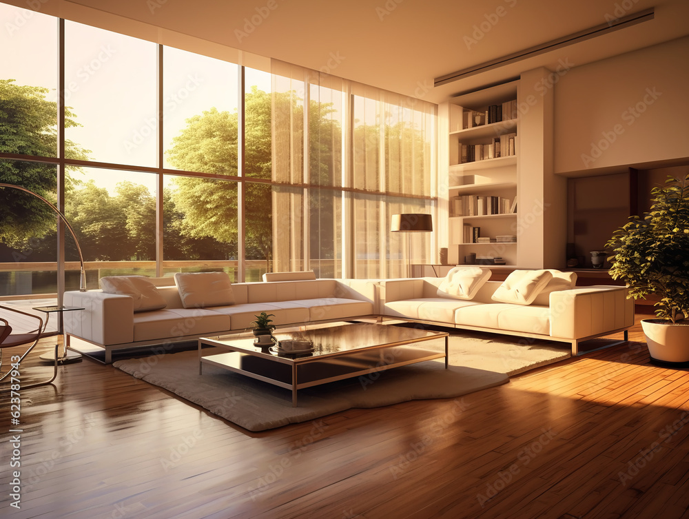 Fototapeta premium A modern luxury spacious living room with large glass wall, couch, and home furnitures, AI Generation