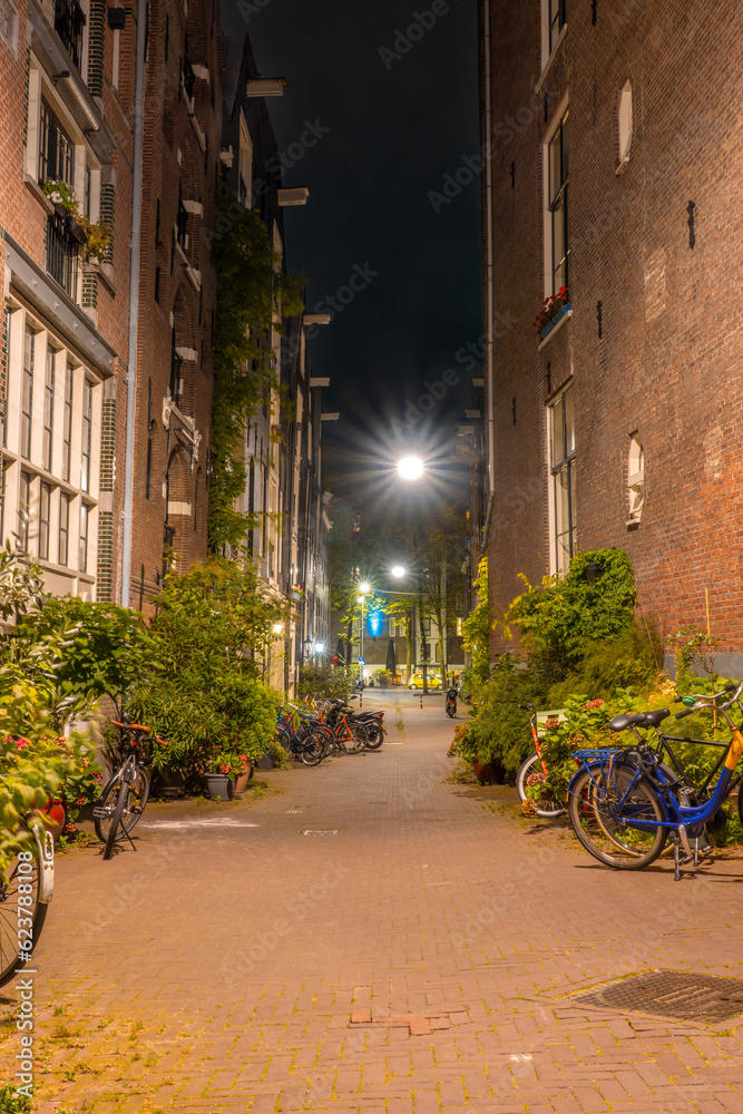 Narrow Street of Amsterdam at Night and Several Bicycles