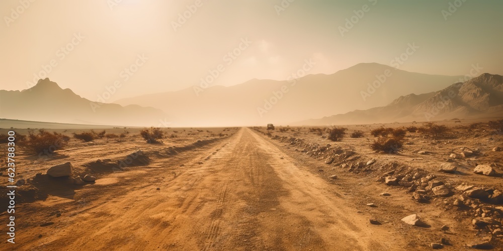 AI Generated. AI Generative. Sand desert hot dirty road path. Outdoor arizona western nature landscape background. Road trip travel adventure explore vibe. Graphic Art - obrazy, fototapety, plakaty 