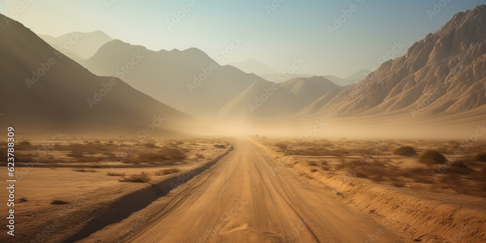 AI Generated. AI Generative. Sand desert hot dirty road path. Outdoor arizona western nature landscape background. Road trip travel adventure explore vibe. Graphic Art