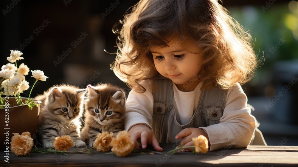 little happy girl with cats, ai generative little happy girl with cats, ai generative