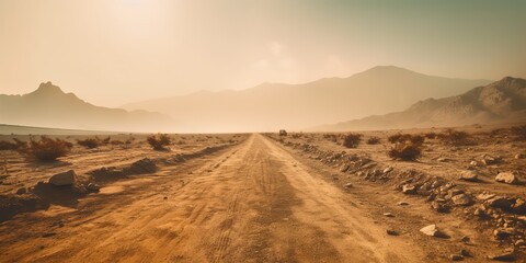 Rideaux Beige AI Generated. AI Generative. Sand desert hot dirty road path. Outdoor arizona western nature landscape background. Road trip travel adventure explore vibe. Graphic Art  © AkimD