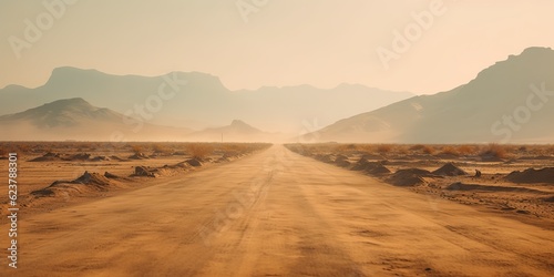 AI Generated. AI Generative. Sand desert hot dirty road path. Outdoor arizona western nature landscape background. Road trip travel adventure explore vibe. Graphic Art