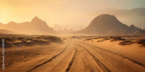 AI Generated. AI Generative. Sand desert hot dirty road path. Outdoor arizona western nature landscape background. Road trip travel adventure explore vibe. Graphic Art