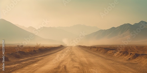 AI Generated. AI Generative. Sand desert hot dirty road path. Outdoor arizona western nature landscape background. Road trip travel adventure explore vibe. Graphic Art