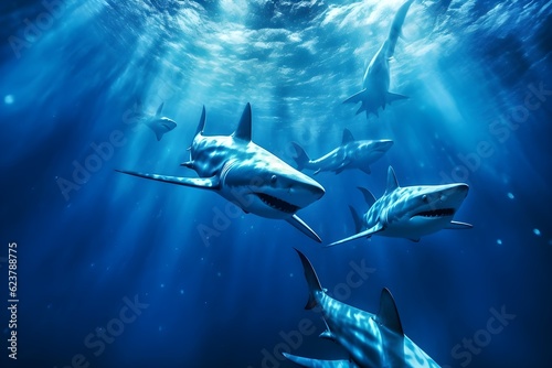 Billede på lærred sharks swim in the deep sea