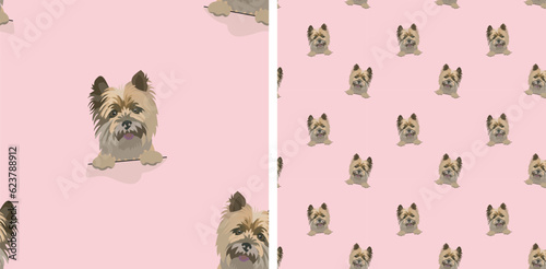 Seamless pattern with dog in a pocket, with paws only. Pink Packaging, textile, decoration, wrapping paper. Trendy hand-drawn funny Cairn Terrier dogs, square pattern. Pattern with dog faces.