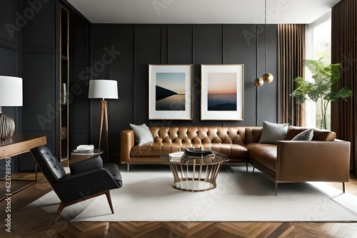 The black walls create a bold and dramatic backdrop, while a luxurious leather sofa becomes the focal point of comfort and elegance. AI-Generated