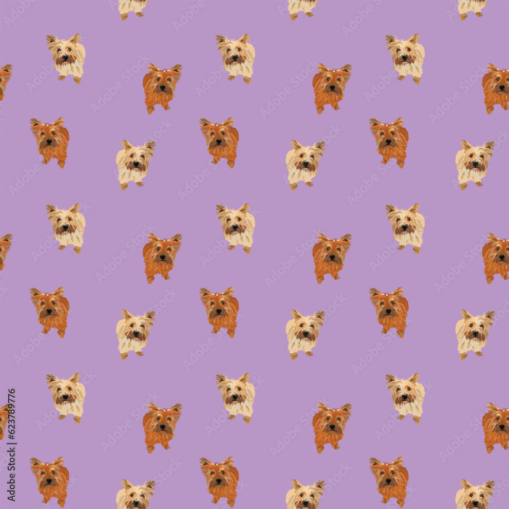Seamless Cairn Terrier pattern, holiday texture. Violet Packaging, wrapping paper. Trendy hand-drawn funny breed wallpaper. Fun seamless happy cute sitting top view dog square repeat pattern. 