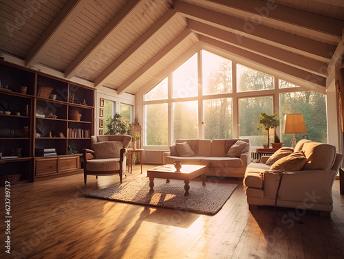 wooden interior of a country house spacious living room, AI Generation