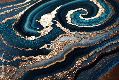 Golden and blue acrylic color liquid ink swirl abstract background with ravishing turbulence wavy pattern and detailed texture by Generative AI.