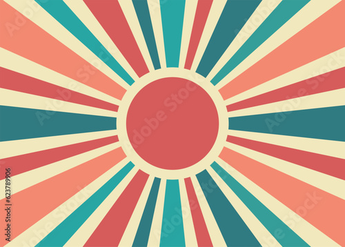 Vintage striped backdrop with a sun. Bright groovy poster or placard. Retro sunburst background. 70s old fashioned colorful radiate lines banner. Graphic design wallpaper element. Vector illustration photo