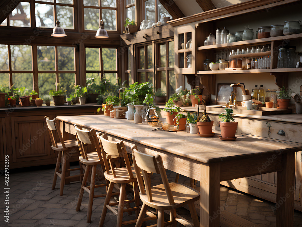 Fototapeta premium wooden interior of a country house spacious kitchen, AI Generation