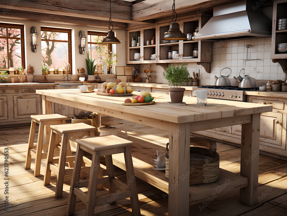 wooden interior of a country house spacious kitchen, AI Generation