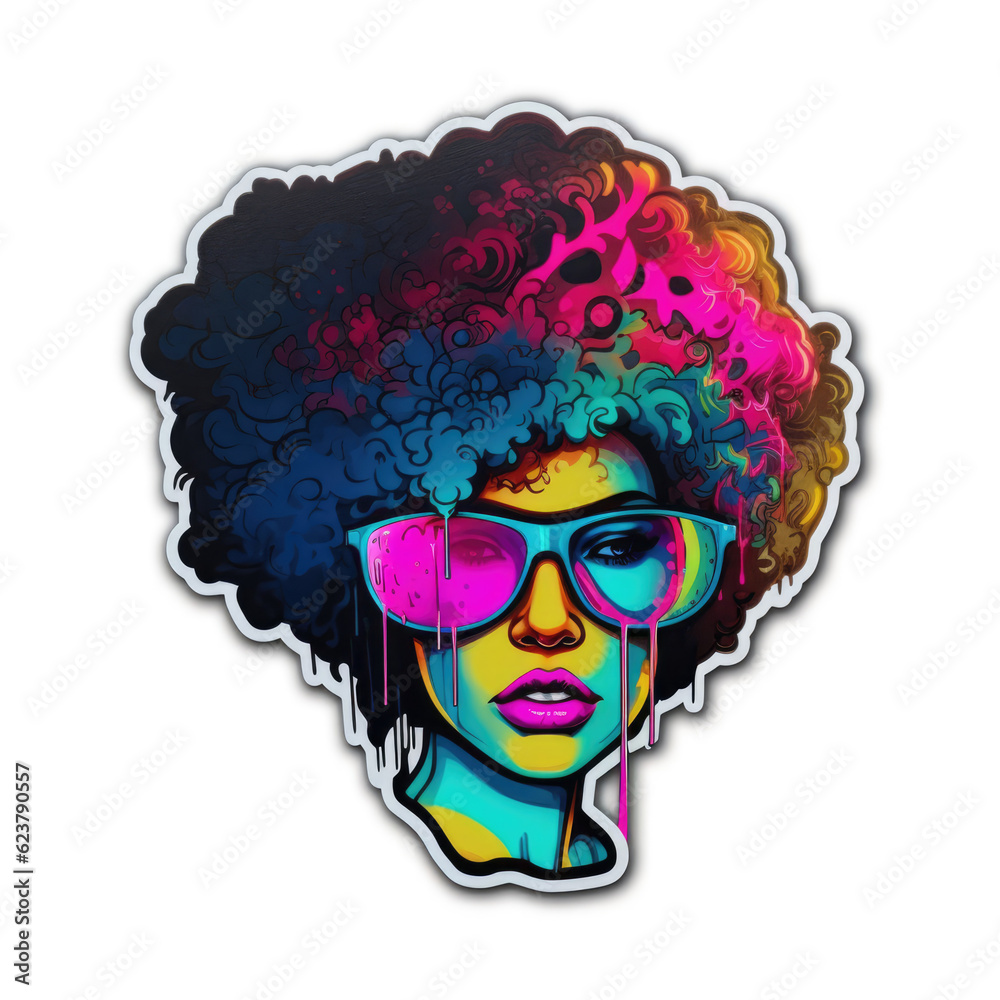 Afro American Girl with curly hair in sunglasses,  colorful sticker in neon colors. Beauty Woman Face, watercolor art