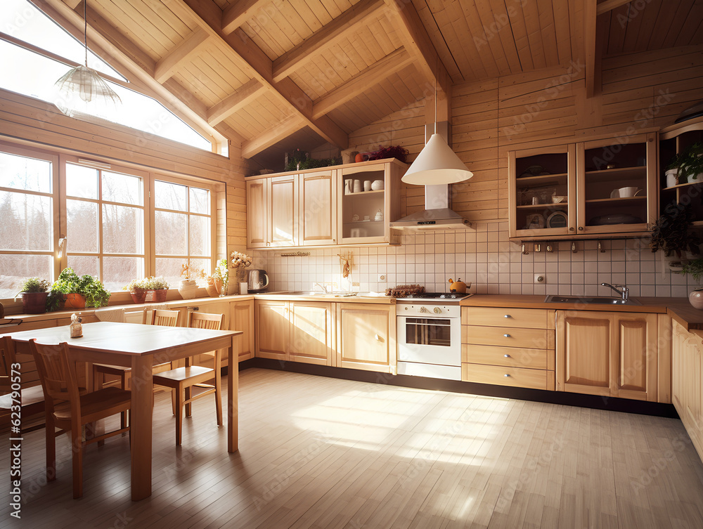 wooden interior of a country house spacious kitchen, AI Generation wooden interior of a country house spacious kitchen, AI Generation