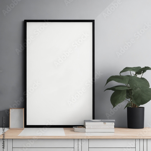 Minimal living room interior design with empty frame. Created with  AI technology.