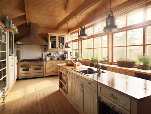 wooden interior of a country house spacious kitchen, AI Generation