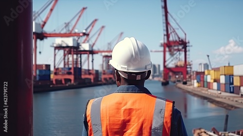 a man wearing full ppe standing looking at port cargo, container box at a goods port © Media Srock