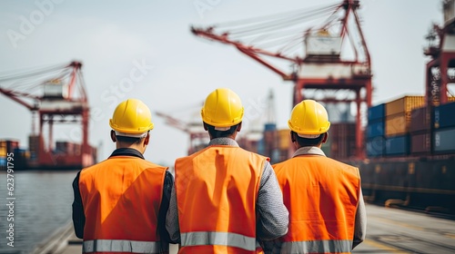 a man wearing full ppe standing looking at port cargo, container box at a goods port