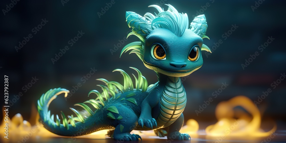 Naklejka premium AI Generated. AI Generative. Asian chinese little cute dragon figure toy game. Symbol of culture new year power holiday. Graphic Art