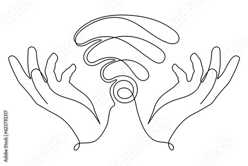 Hands with WI-FI signal one line art,hand drawn palms holds internet hotspot,access point continuous contour.Free zone wireless online concept,template outline.Editable stroke.Isolated.Vector