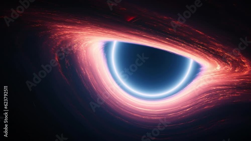 Giant black hole in outer space. Concept 3d animation revealing wide shot. Interstellar wormhole as a dark star with swirling aura of cosmic nebula gas orbiting the singularity at high temperature.