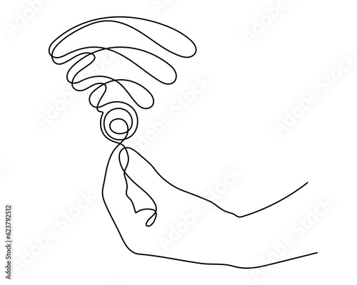 Hand with WI-FI signal one line art,hand drawn palms holds internet hotspot,access point continuous contour.Free zone wireless online concept,template outline.Editable stroke.Isolated.Vector