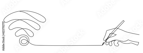 Hand wrotes WI-FI signal one line art,hand drawn palm paints internet hotspot,access point continuous contour.Free zone wireless online concept,template outline.Editable stroke.Isolated.Vector