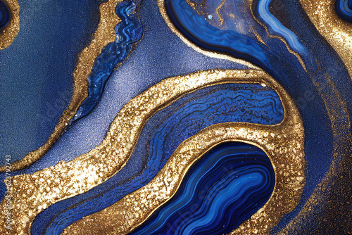 Blue and golden acrylic liquid ink swirl abstract background with ravishing turbulence wavy pattern and detailed texture. Luxury fluid liquid art by Generative AI.