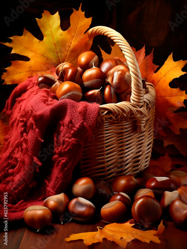 Basket with chestnuts, scarf and autumn leaves on wooden background.Ai Generated
