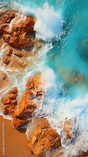 turquoise ocean waves over gold sand , top view, ai generative