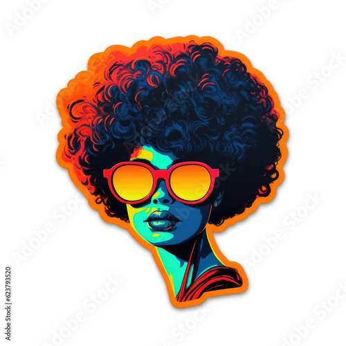 Afro American Girl with curly hair in sunglasses, art, colorful sticker in neon colors. Beauty Woman Face, watercolor