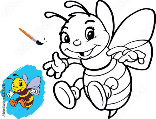 Cheerful bee, black outline for coloring. Coloring book for children.