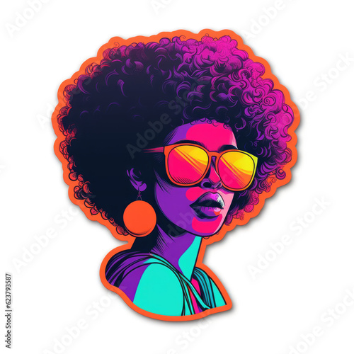 African American Beauty Girl in Sunglasses with curly hair, art. Young Afro American Woman Face, Colorful sticker in neon colors