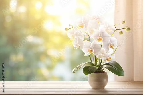 white orchid flower decoration in a glass vase with sunlight on wooden table with copy space  floral spa background with spirit of purity with Generative AI technology.