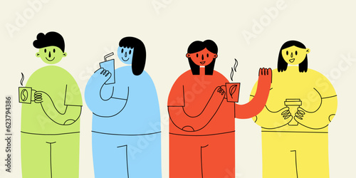 People with drinks. Modern colorful minimal characters hold tea in mugs and cappuccino or espresso in takeaway glasses. Warm beverages lovers, contemporary persons vector cartoon flat isolated set