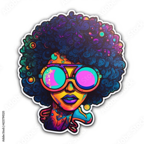 Beauty Girl in Sunglasses with curly hair. Young Afro American Woman Face, Colorful sticker in neon colors. Generative ai illustration in cartoon style