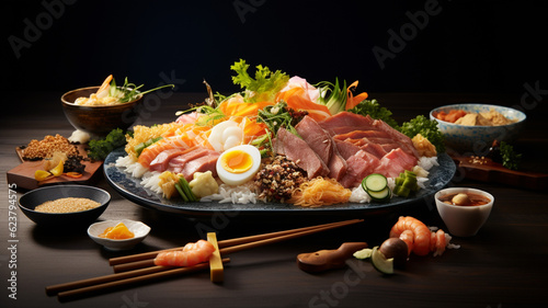 Assortment of Japanese food on black background