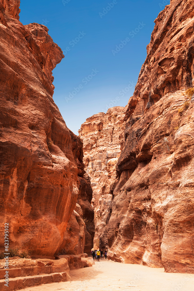 Fototapeta premium Tourists in narrow passage of rocks of Petra canyon in Jordan. Petra has been a UNESCO World Heritage Site since 1985. Way through Siq gorge to stone city Petra