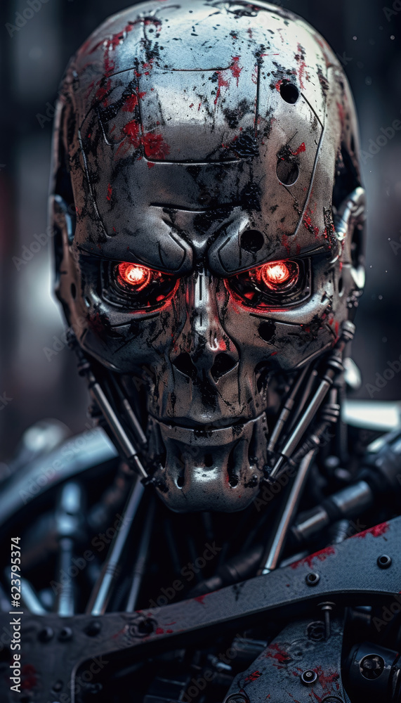 A futuristic human metal combat robot with menacingly glowing red eyes. A futuristic human metal combat robot with menacingly glowing red eyes.