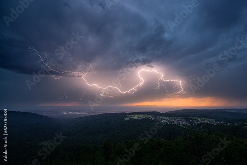 Horizontal lightning over the upper Rhine plain between Rastatt and Karlsruhe during a summer thunderstorm