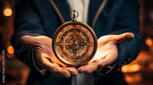 Businessman holds a metal compass in his hands. Generative AI