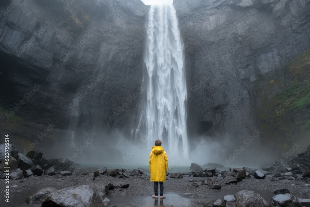 Obraz premium Kid in yellow rain coat standing in front of a large majestic waterfall. Generative AI 4 