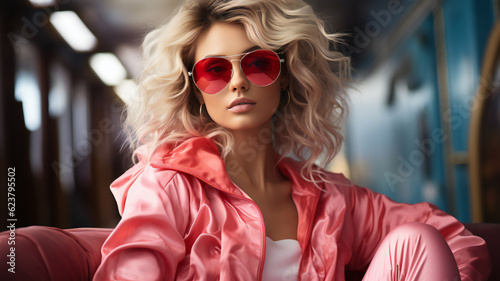 fashion woman colorful, the bold eclectic fashion styles of the Y2K era. dressed in the latest fashion trends of the time, including chunky shoes, low-rise pants, crop tops, and oversized sunglasses