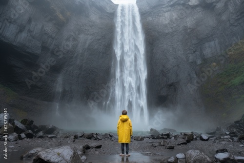 Kid in yellow rain coat standing in front of a large majestic waterfall. Generative AI 4 