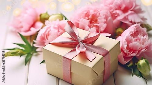 Gift box and peonies. Greetings, celebration, holidays concept. Generative AI © coco